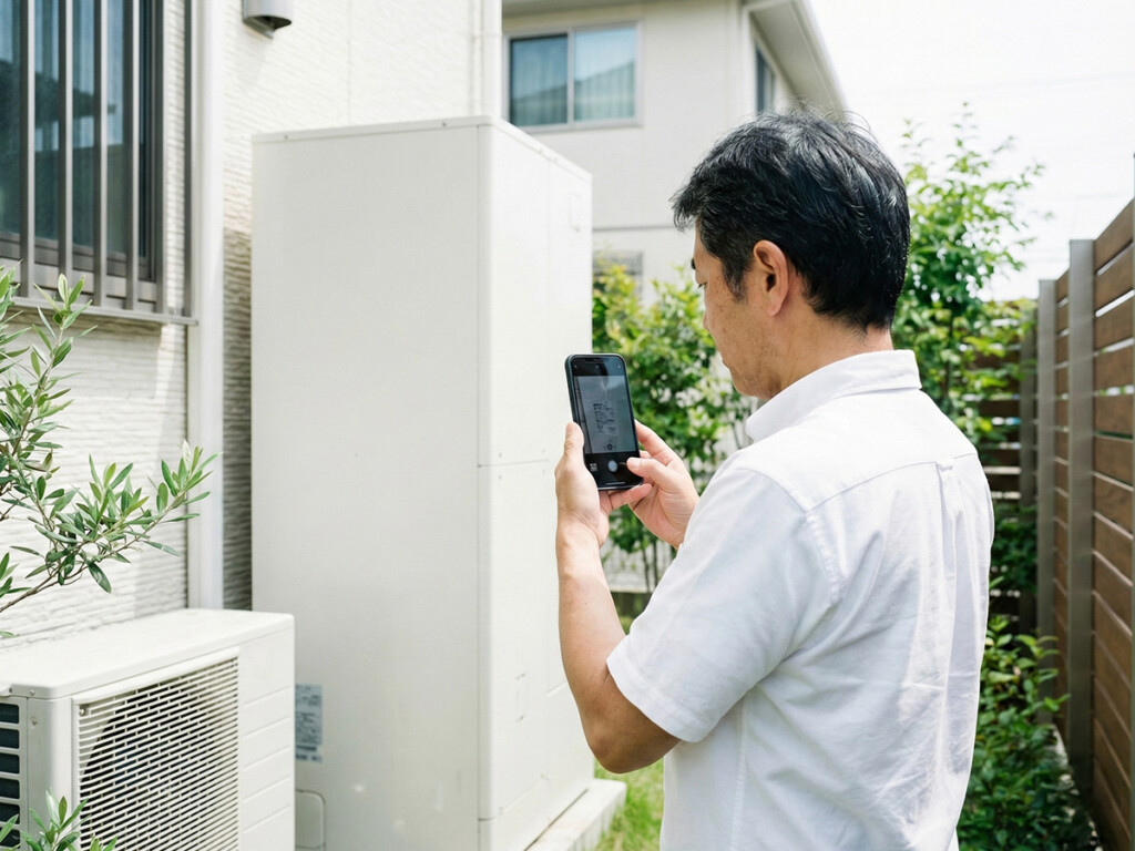 エコキュートの型番を撮影して確認する様子