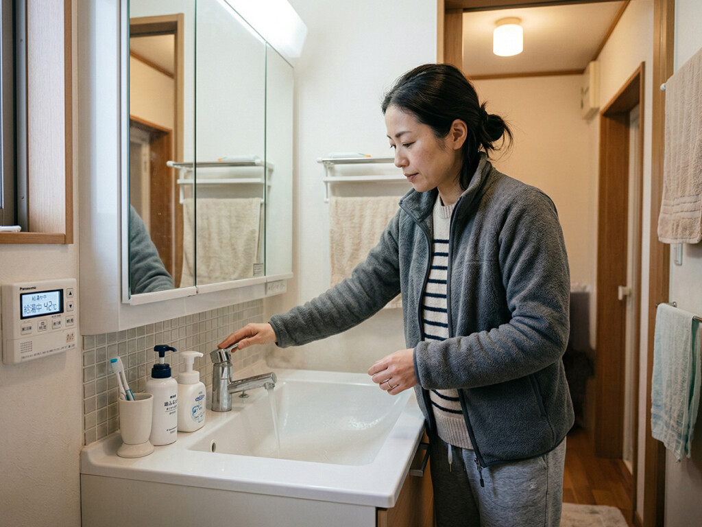 リモコンとお湯の出方を確認しているイメージ