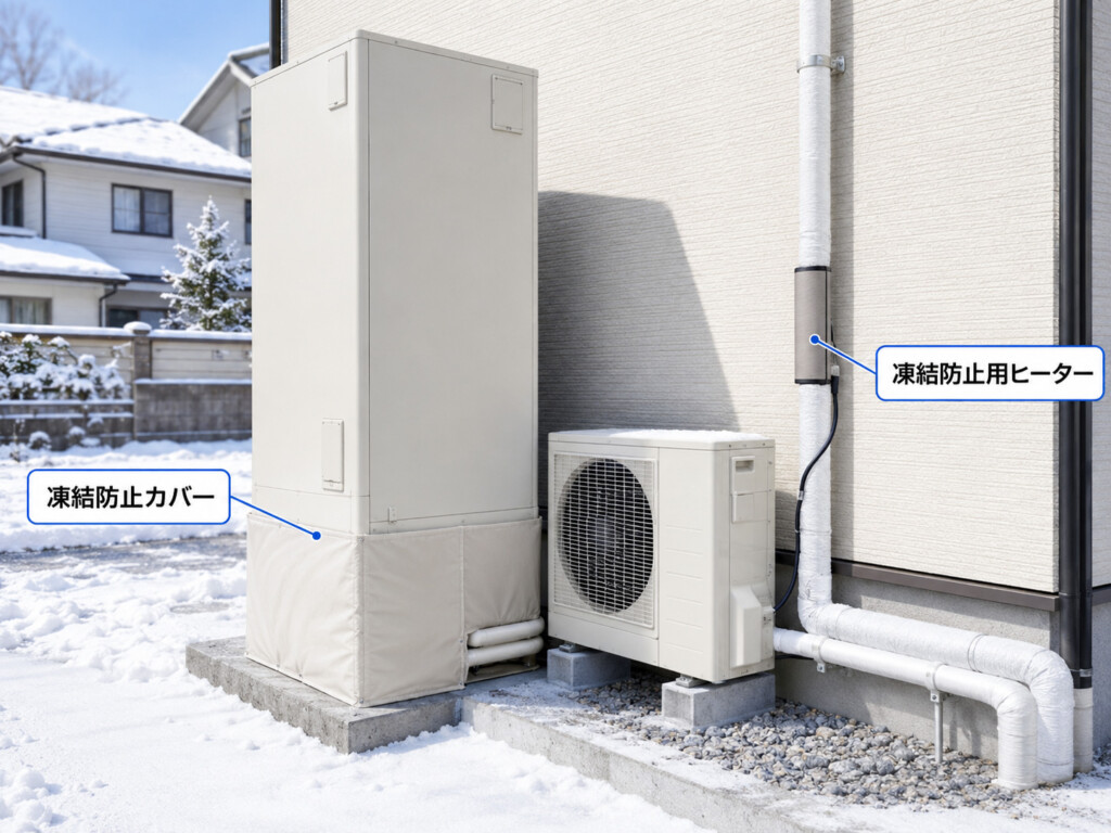 雪のある住宅でエコキュートの凍結防止カバーと凍結防止用ヒーターを確認するイメージ