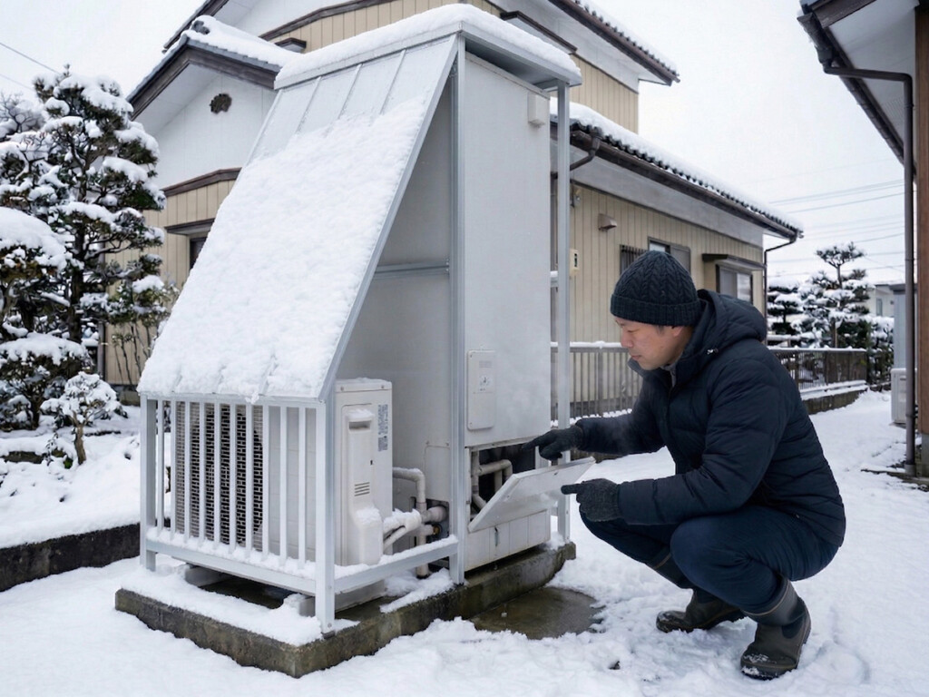 エコキュートまわりの不調を気にして確認しているイメージ