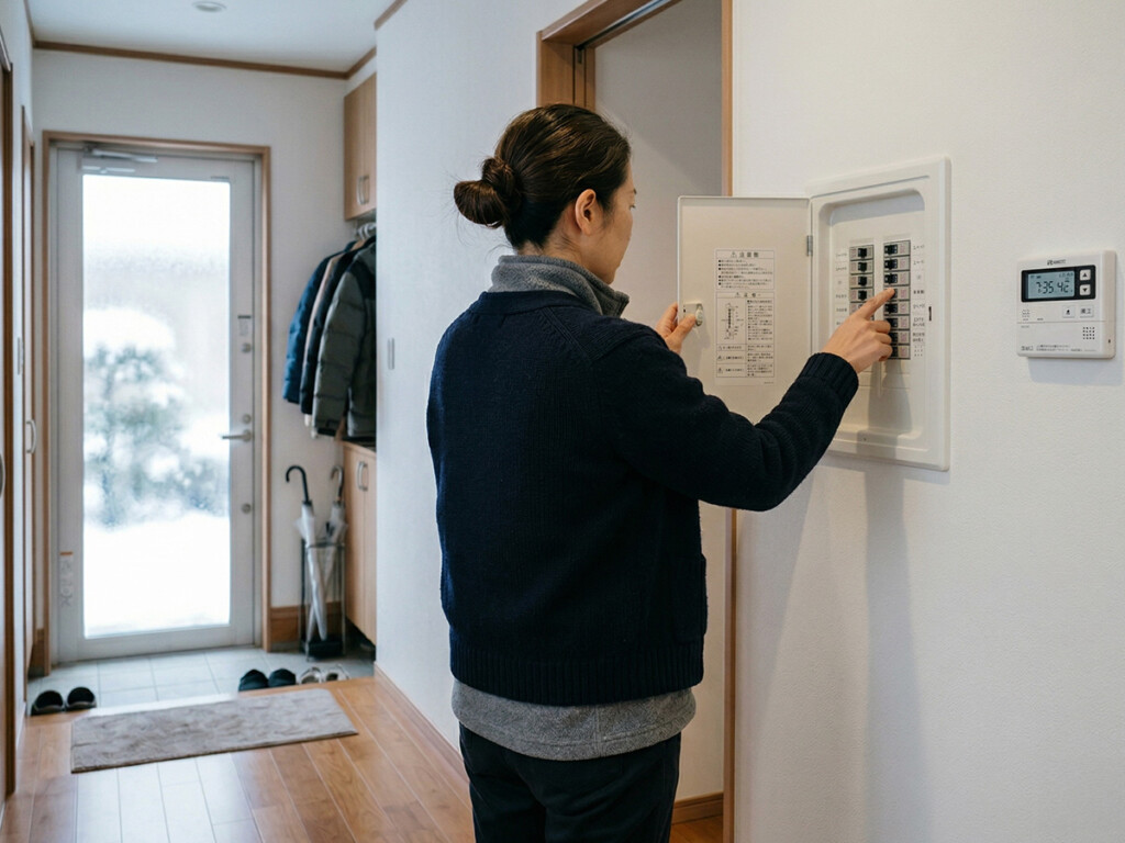 分電盤を見ながらエコキュートの不調を確認しているイメージ