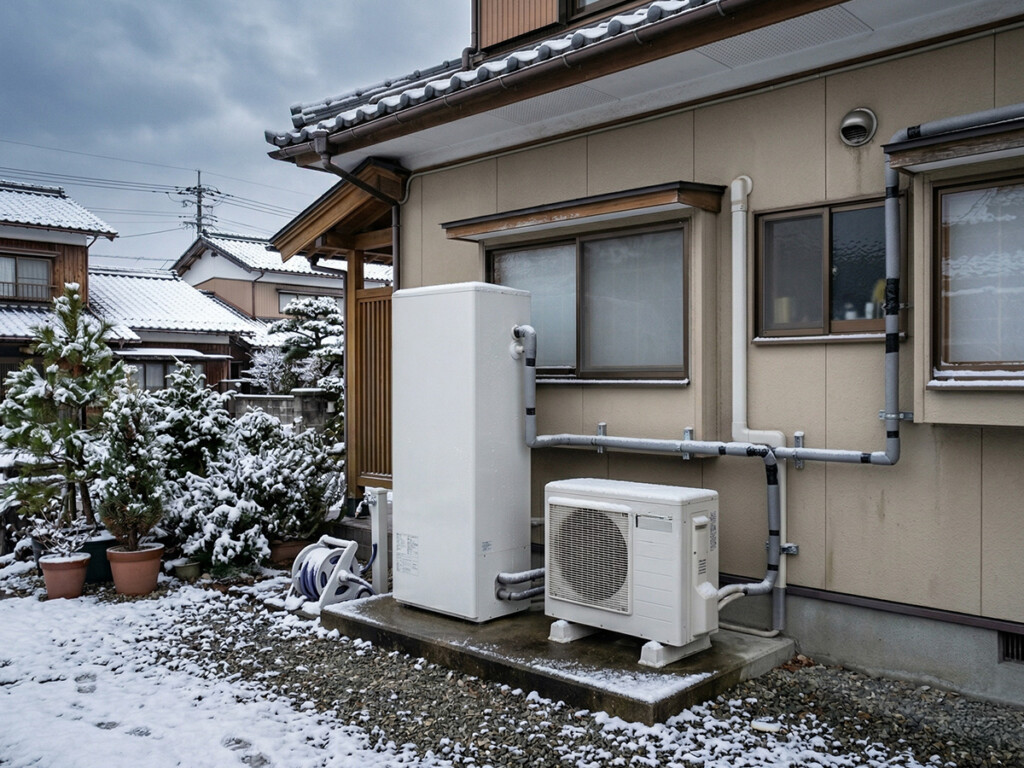 冬の朝に冷え込みやすいエコキュートまわりのイメージ