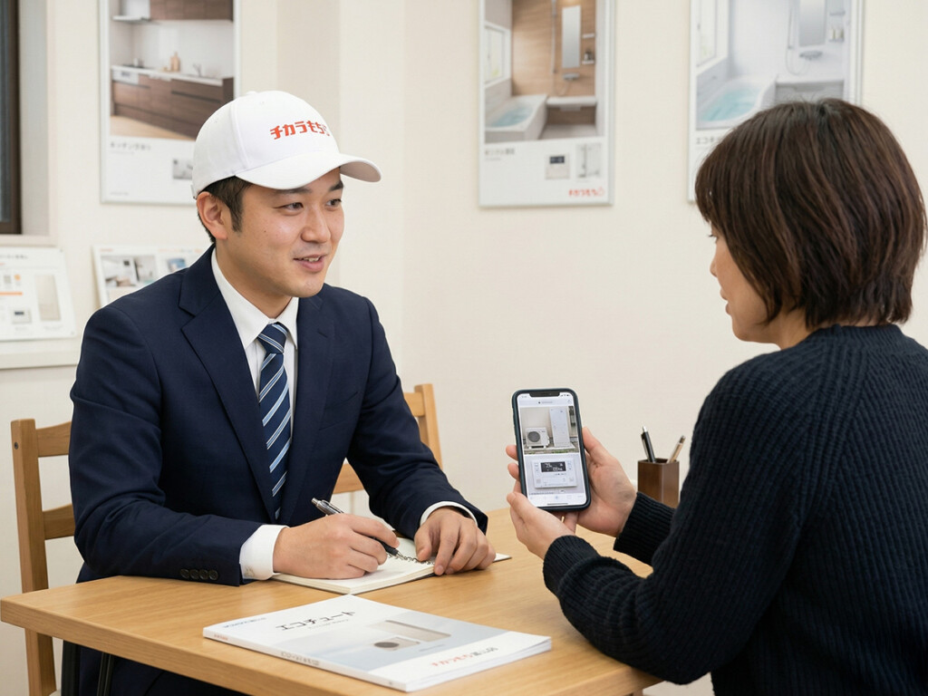 チカラもち富山店のスタッフにエコキュートの不調を相談しているイメージ