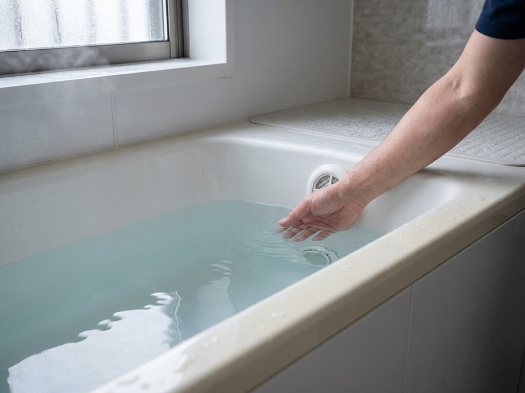 浴槽の水位と循環口まわりを確認しているイメージ