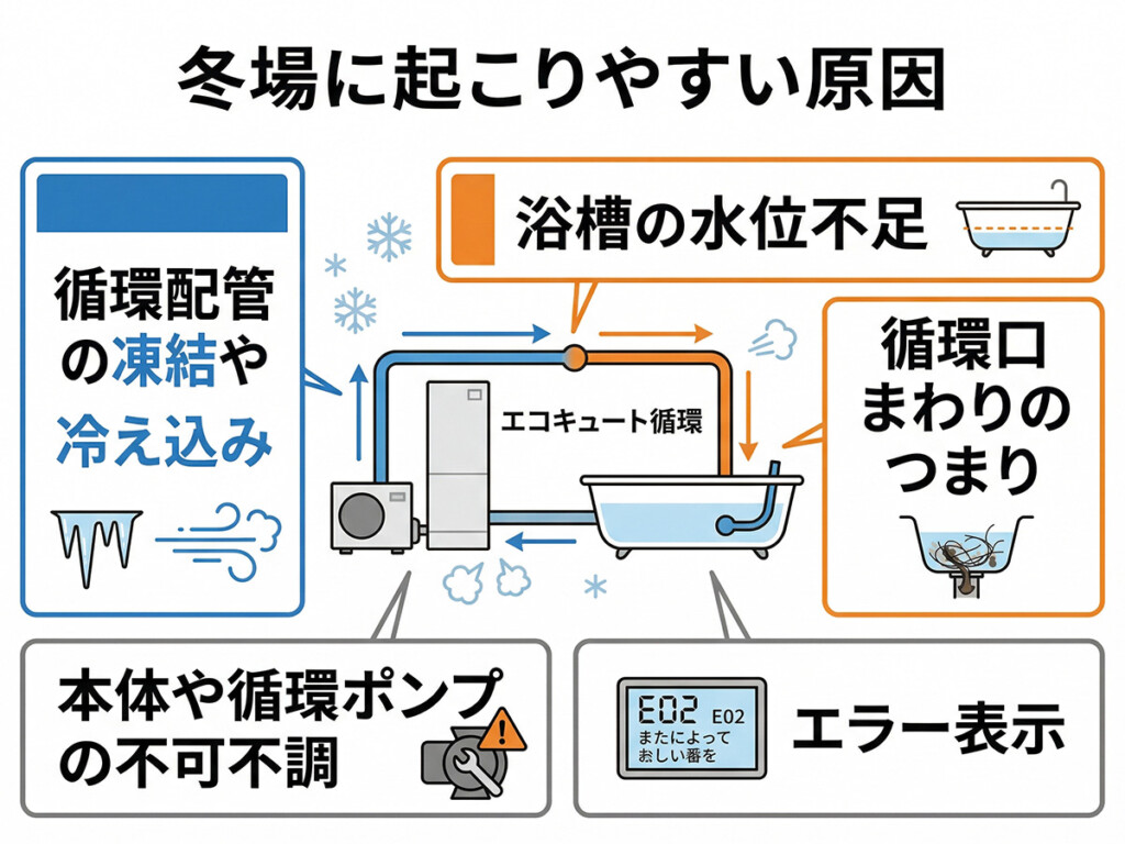 追いだきができない冬場の原因をまとめた図解