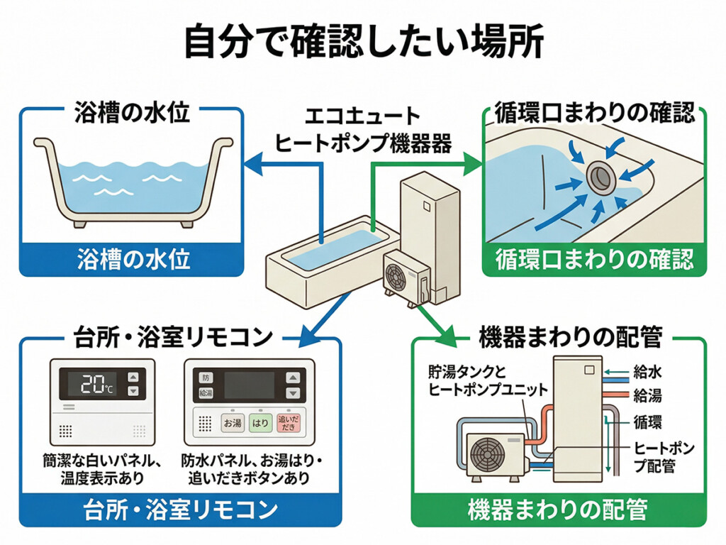 追いだきができない時に確認したい場所をまとめた図解