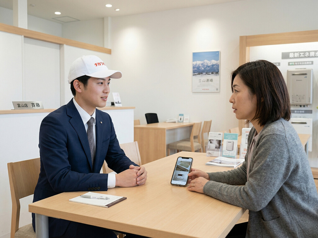 チカラもち富山店で追いだきの不調を相談しているイメージ