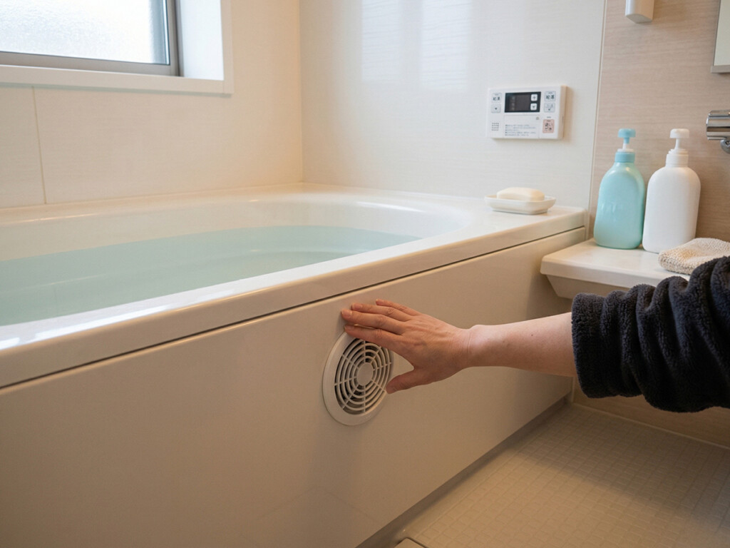 冬前に浴槽の循環口まわりを確認しているイメージ