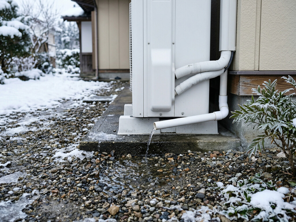 エコキュートの排水まわりが軽く濡れているイメージ
