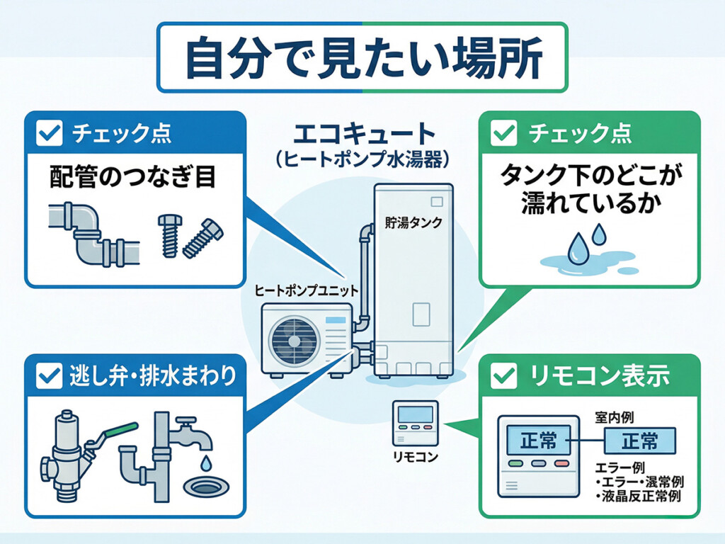 タンク下が濡れている時に確認したい場所をまとめた図解