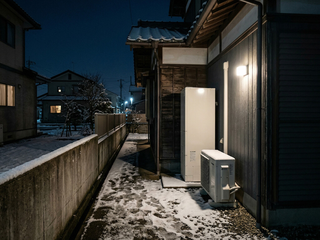 冬の夜に音が気になりやすいエコキュートの置き場のイメージ