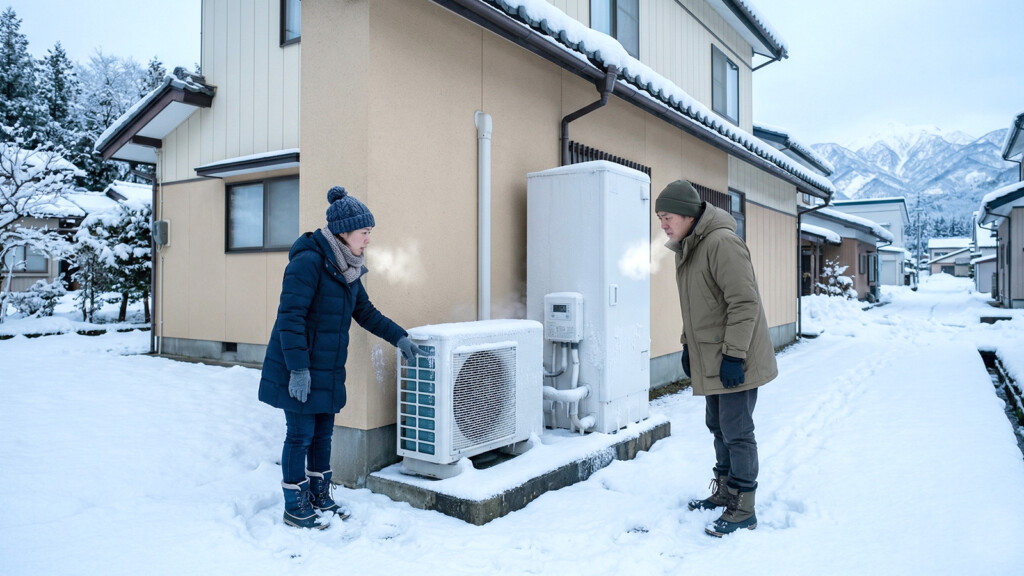 雪の朝にエコキュートを確認している夫婦のイメージ