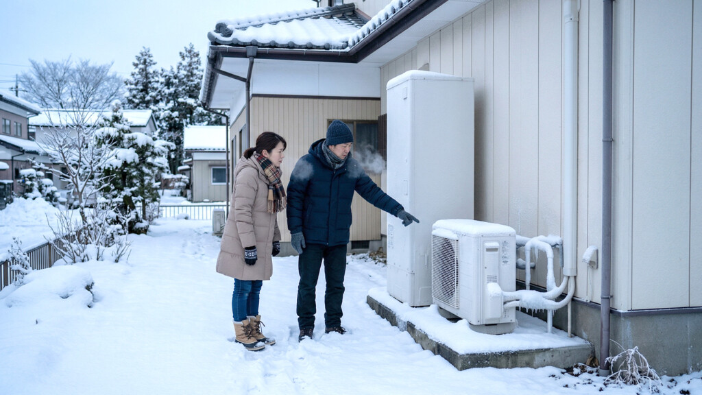 雪の朝にエコキュートを確認している夫婦のイメージ