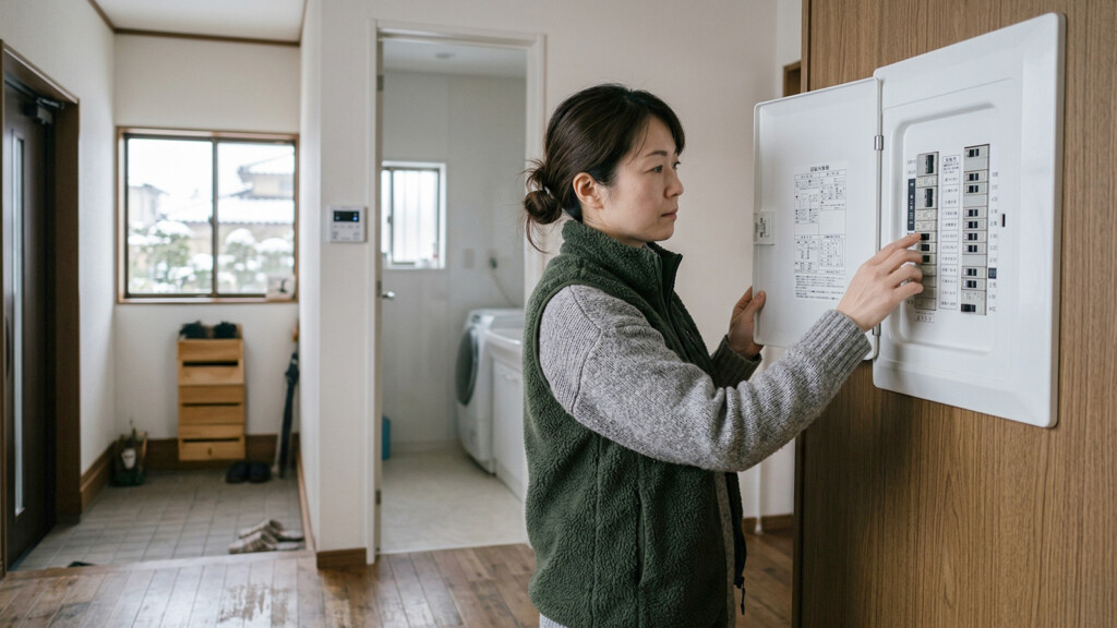 冬の朝に分電盤を確認しているイメージ