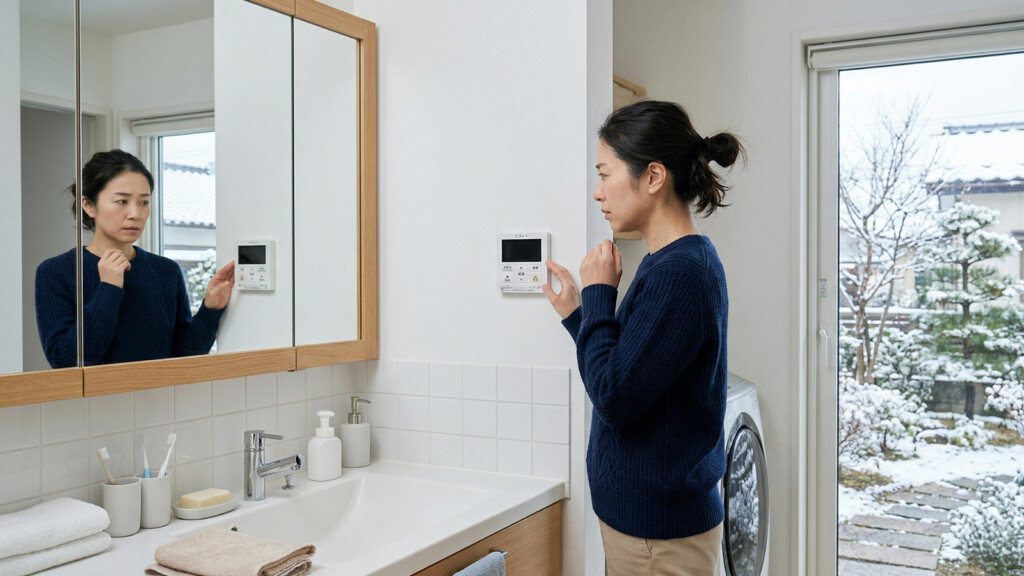 冬の朝に給湯リモコンがつかず確認しているイメージ
