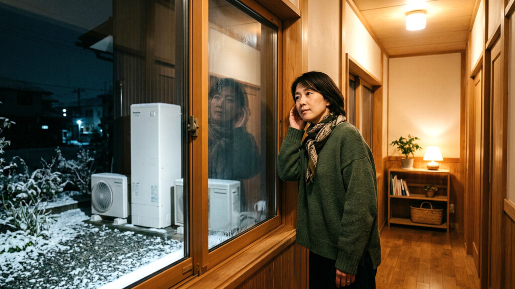 冬の夜に外のエコキュートの音を気にしているイメージ