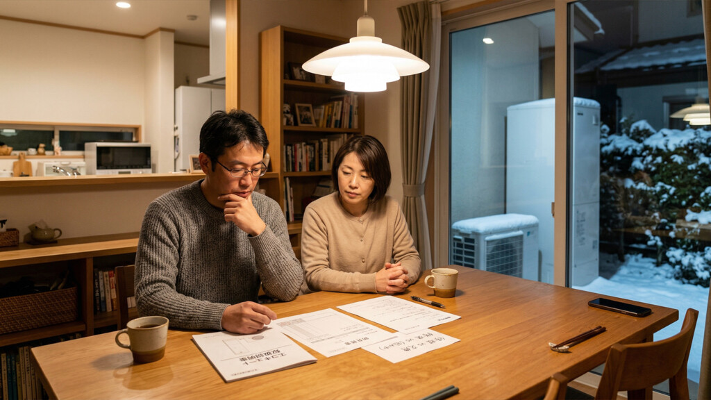 修理か交換かを室内で考えている夫婦のイメージ