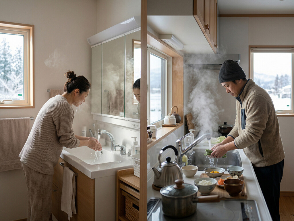 冬の朝に家庭でお湯を使っている暮らしのイメージ