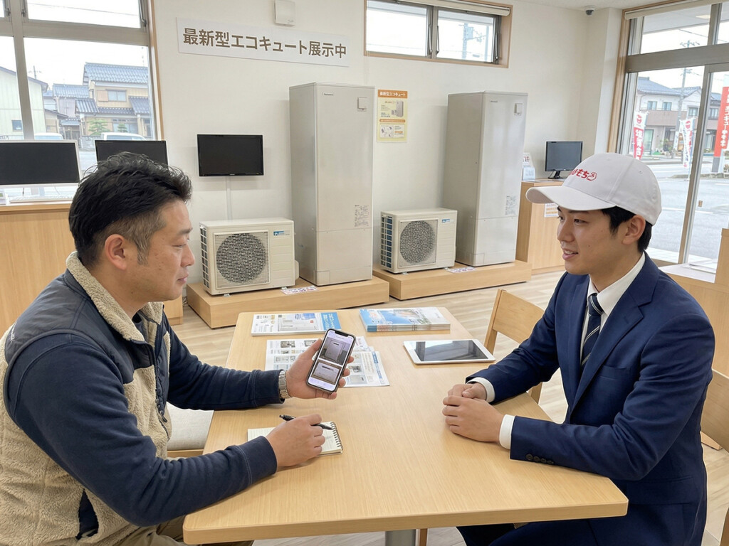 チカラもち富山店で給湯器の比較や費用感を相談しているイメージ