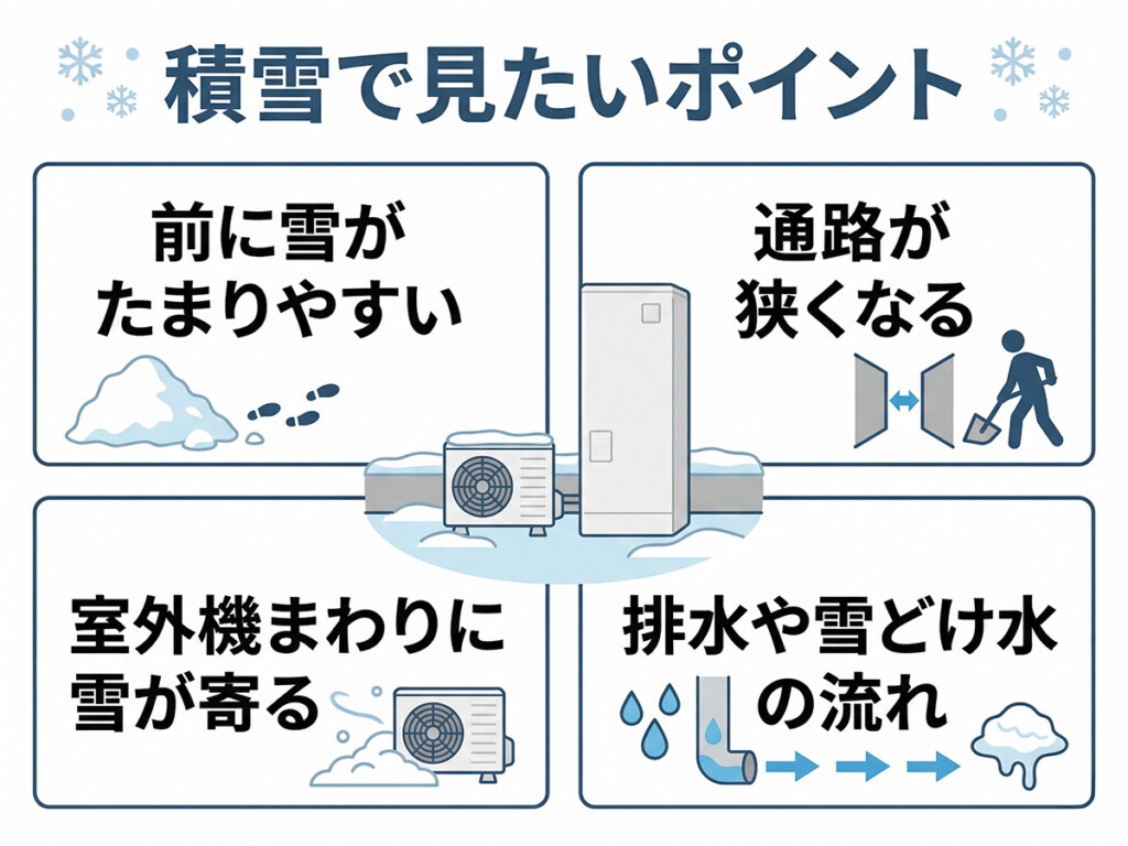 雪が多い地域でエコキュート設置時に見たい積雪ポイントの図解