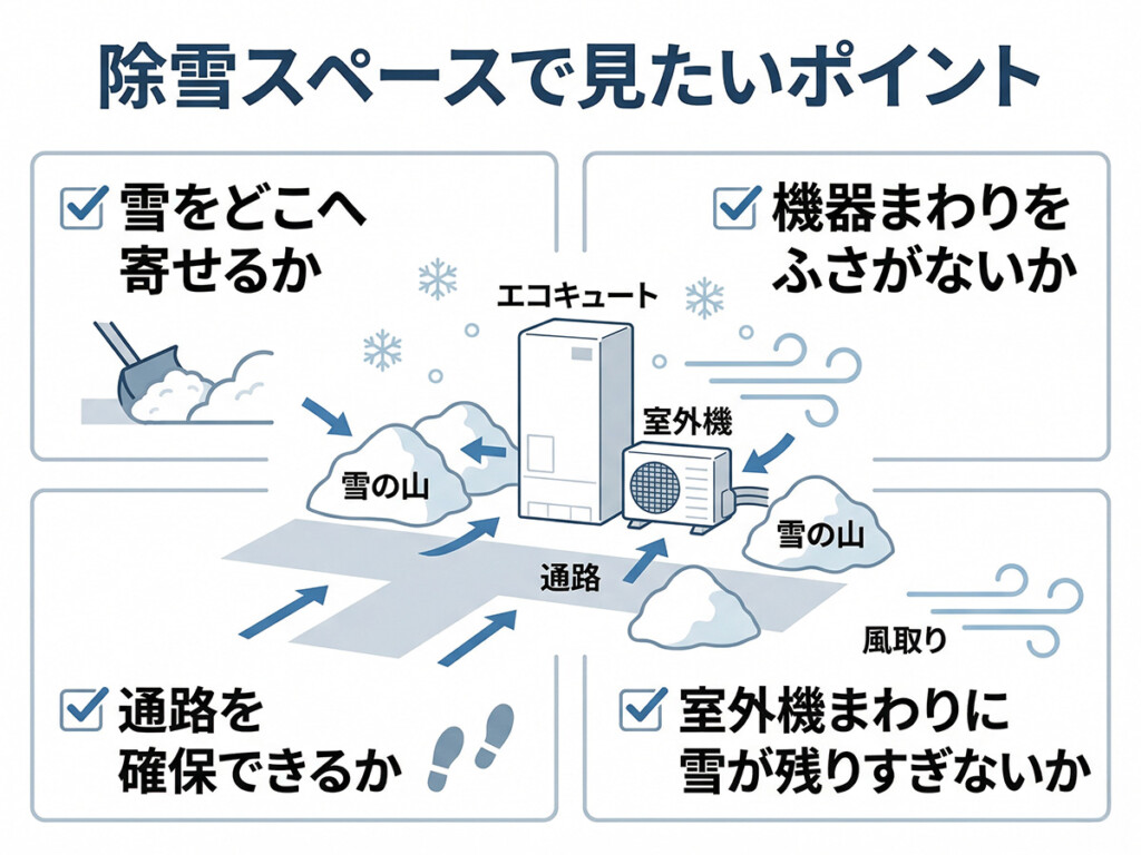 除雪した雪とエコキュートの距離感を確認しやすいイメージ