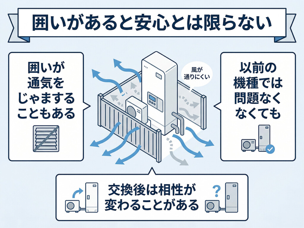囲い方によって通気に影響が出ることを説明する図解