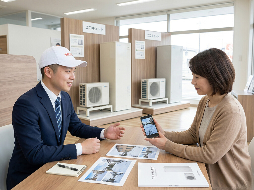 チカラもち富山店でエコキュートの設置場所を相談しているイメージ