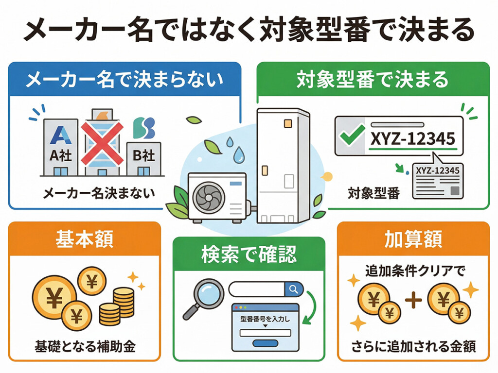 補助金はメーカー名ではなく対象型番で決まることを説明する図解