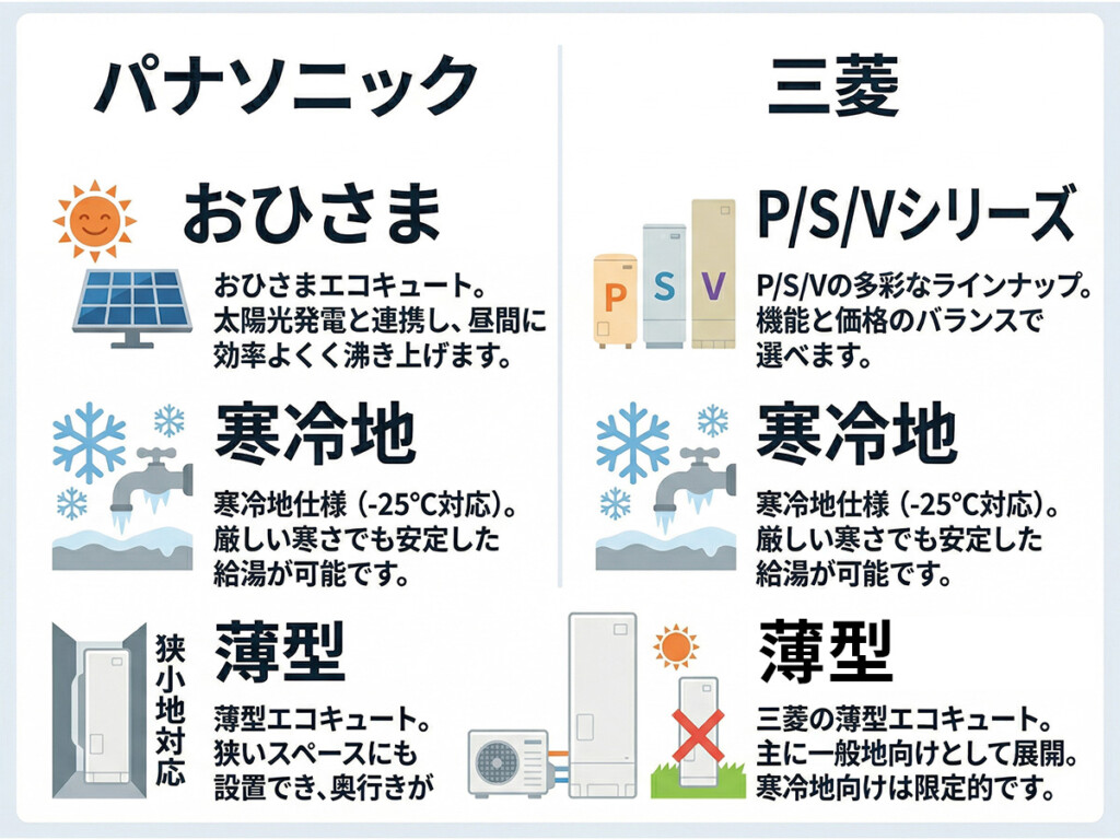 パナソニックと三菱の補助対象機種の見方をまとめた比較図