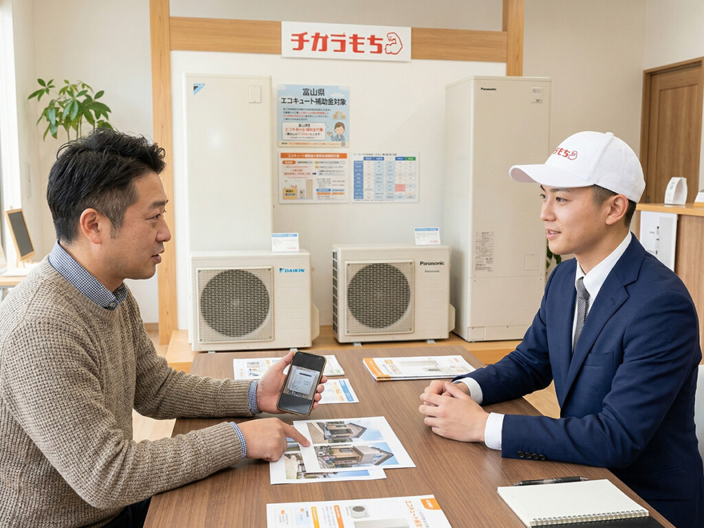 チカラもち富山店で補助対象機種やメーカーの違いを相談しているイメージ