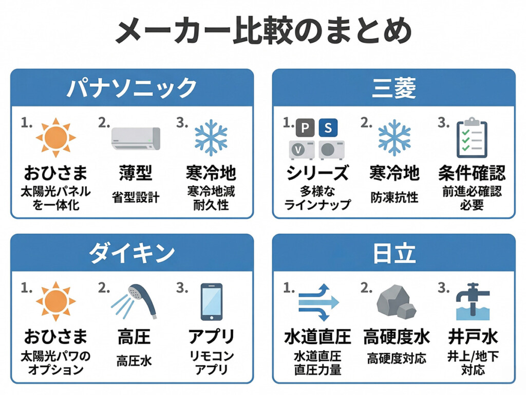 エコキュート補助対象機種のメーカー比較まとめ図