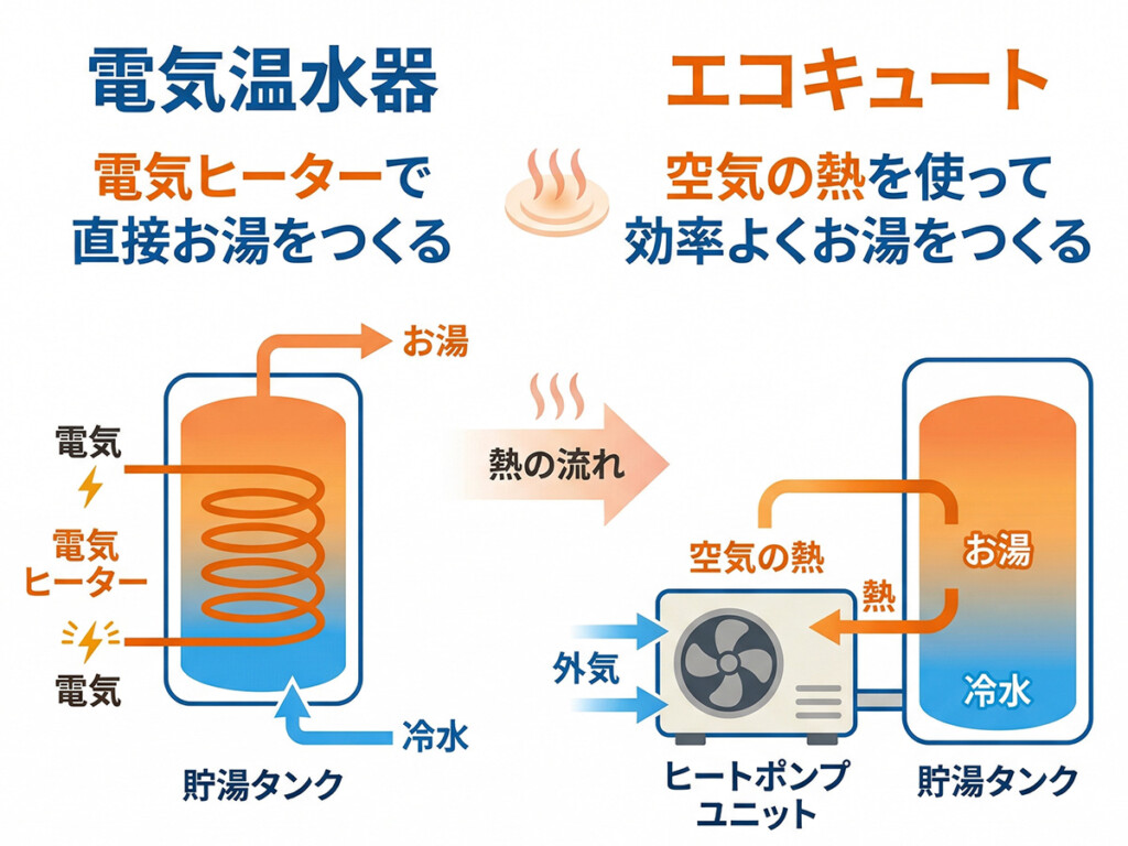 電気温水器とエコキュートのお湯のつくり方の違いをまとめた図解
