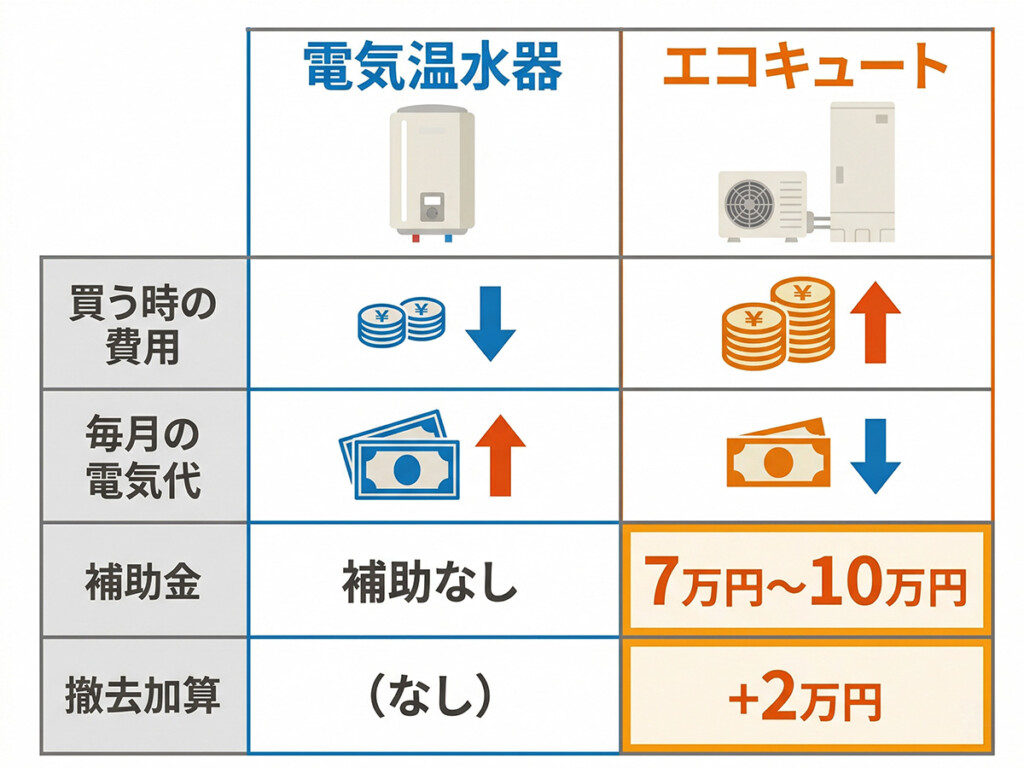 電気温水器とエコキュートの費用や補助金の違いをまとめた比較図