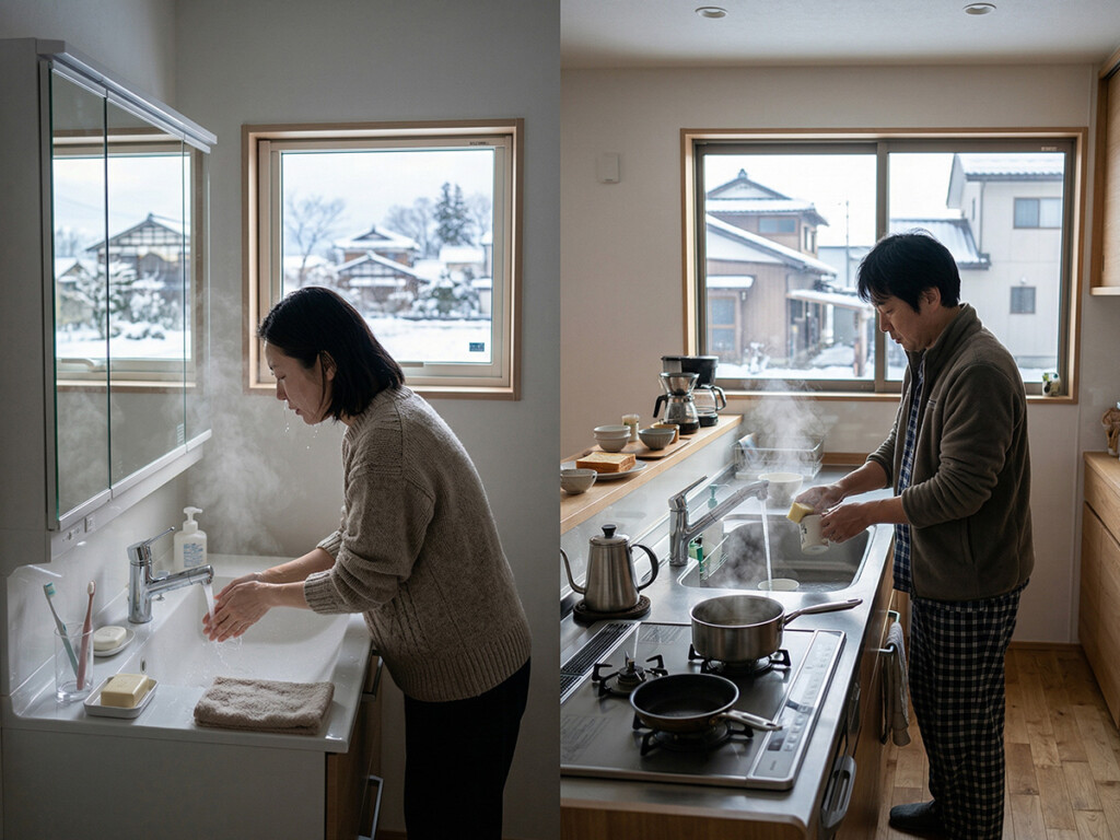 冬の朝に家庭でお湯を使っている暮らしのイメージ