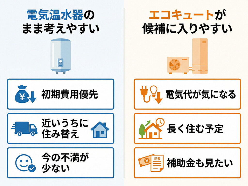 電気温水器のまま考えやすい人とエコキュートが候補に入りやすい人を整理した図解