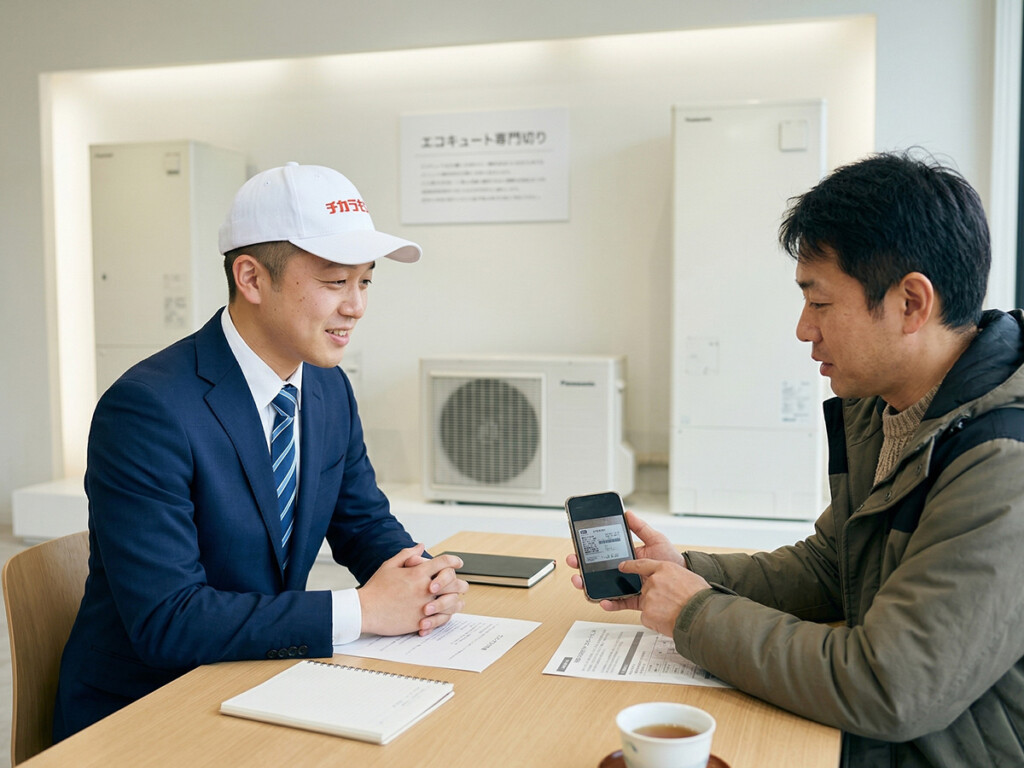 チカラもち富山店で電気温水器とエコキュートの違いを相談しているイメージ