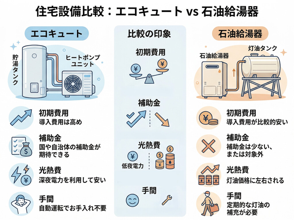 エコキュートと石油給湯器の比較ポイントを初期費用、補助金、光熱費、手間で整理した図解イメージ