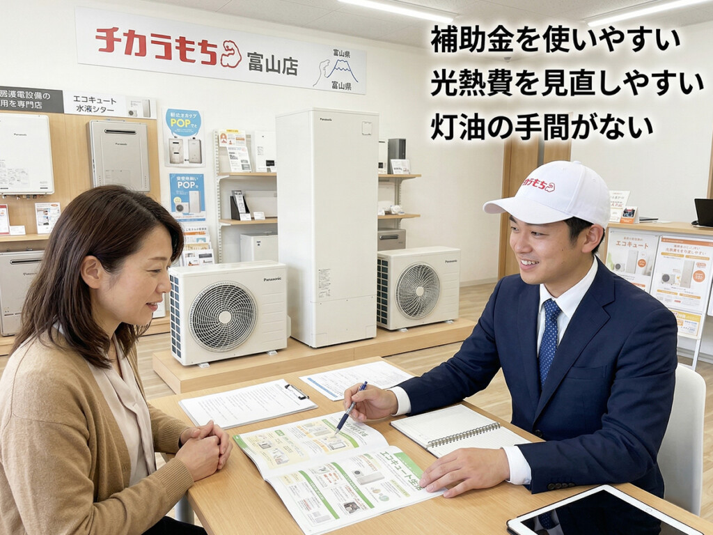 チカラもち富山店がエコキュートをおすすめする理由を補助金、光熱費、灯油の手間の少なさで示した説明画像