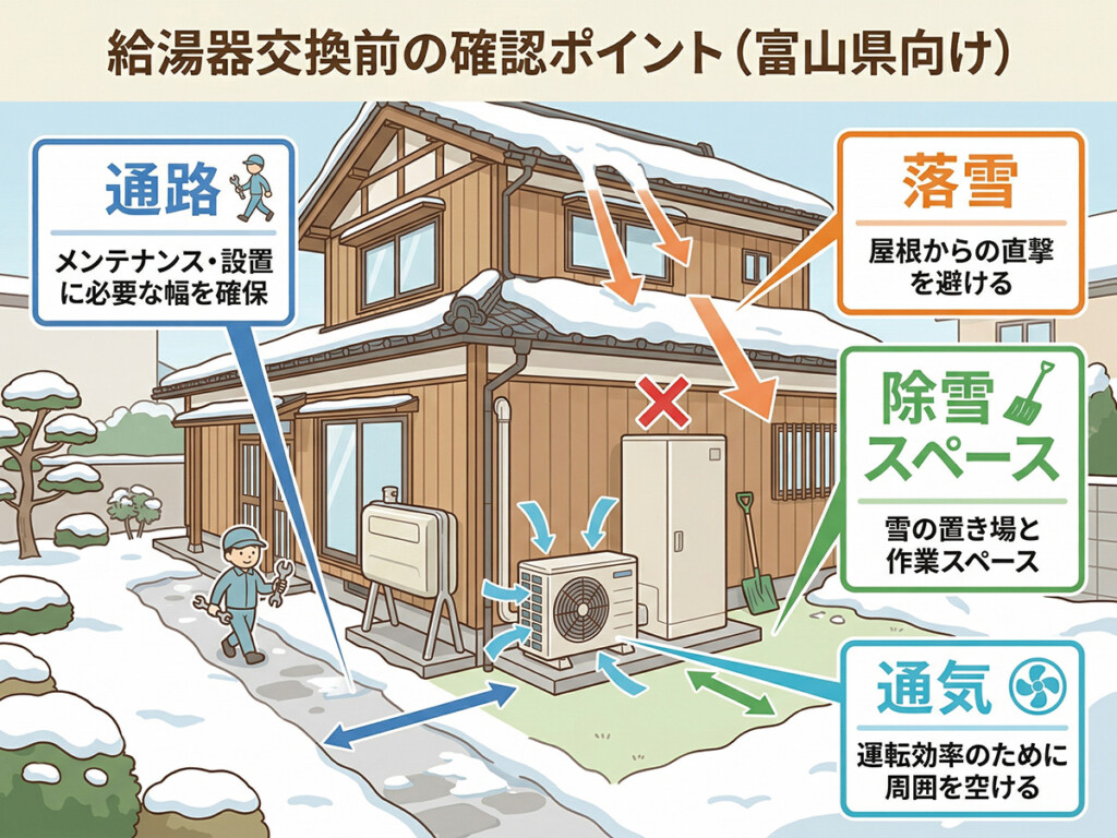 富山県の住宅で給湯器交換前に確認したい通路、落雪、除雪スペース、通気のポイントを示した図解
