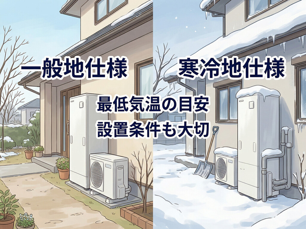 一般地仕様と寒冷地仕様のエコキュートの違いを、冬の住宅環境の比較で分かりやすく示したイラスト