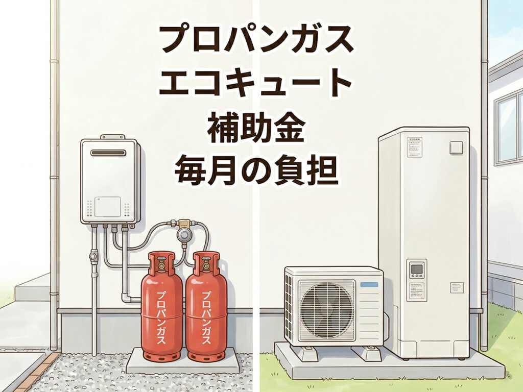 プロパンガス給湯器とエコキュートの違いを、補助金と毎月の負担の視点で分かりやすく示した比較イラスト