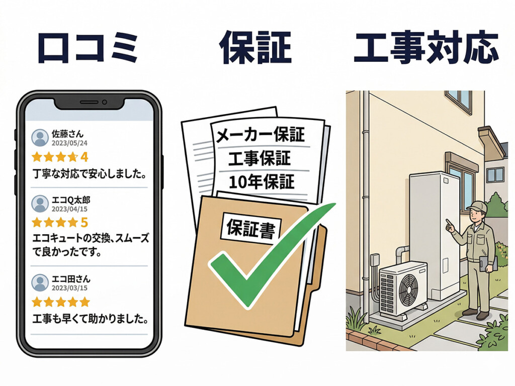エコキュート交換業者を選ぶ時に、口コミ、保証、工事対応の3つを比較して確認するポイントを示したイラスト