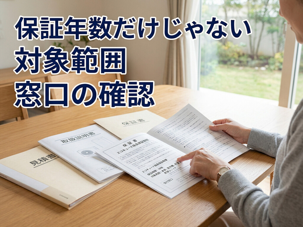 エコキュート交換の保証では、保証年数だけでなく対象範囲や問い合わせ窓口の確認が大切であることを示した説明画像