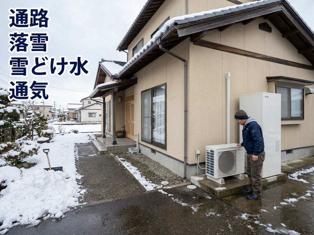 富山県の戸建て住宅で、通路、落雪、雪どけ水、通気を確認しながらエコキュート設置場所を見ている説明画像