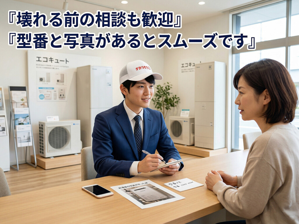 エコキュートが壊れる前でも、お店に型番や写真を持って相談しやすいことを表現した相談訴求画像