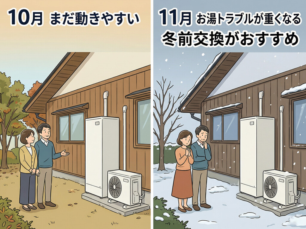 10月と11月でエコキュート交換の重みが変わることを、富山県の戸建て住宅と季節の違いで比較した説明イラスト