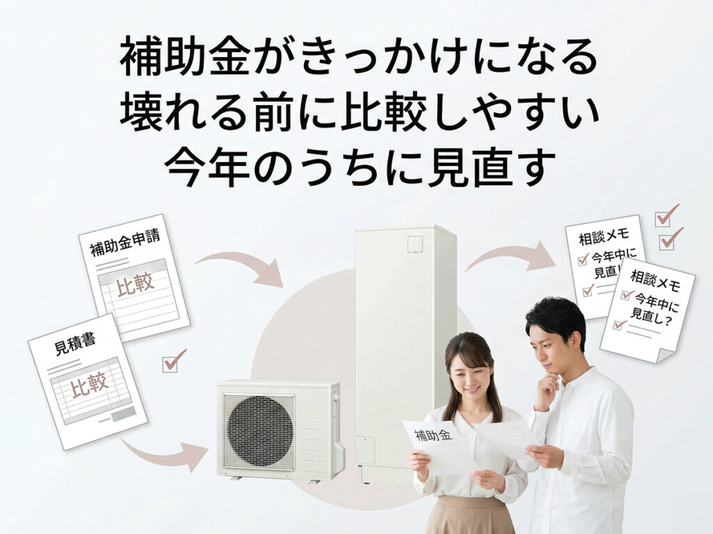 補助金がある年は、壊れる前でもエコキュート交換の相談理由になることを分かりやすく示した説明画像