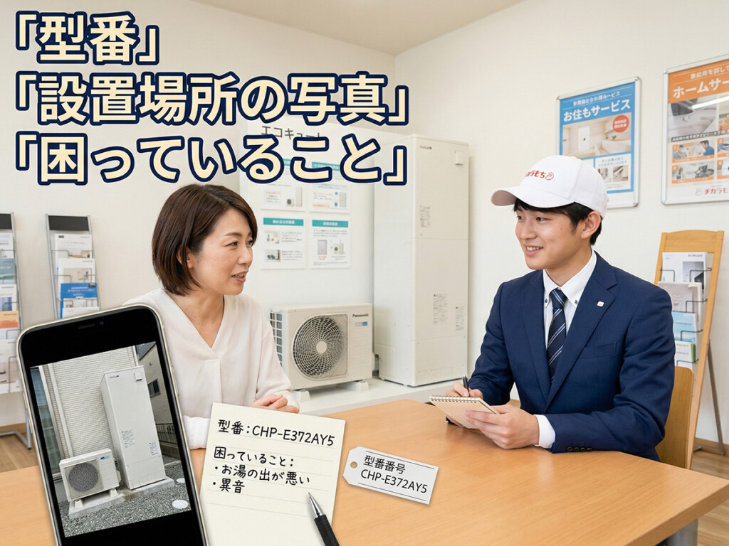 エコキュート相談の前に、型番、設置場所の写真、困っていることが分かると話が早いことを示した説明画像