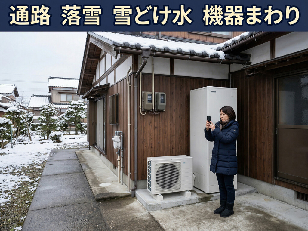 富山県の戸建て住宅で、通路、落雪、雪どけ水、機器まわりの写真があると相談しやすいことを示した説明画像