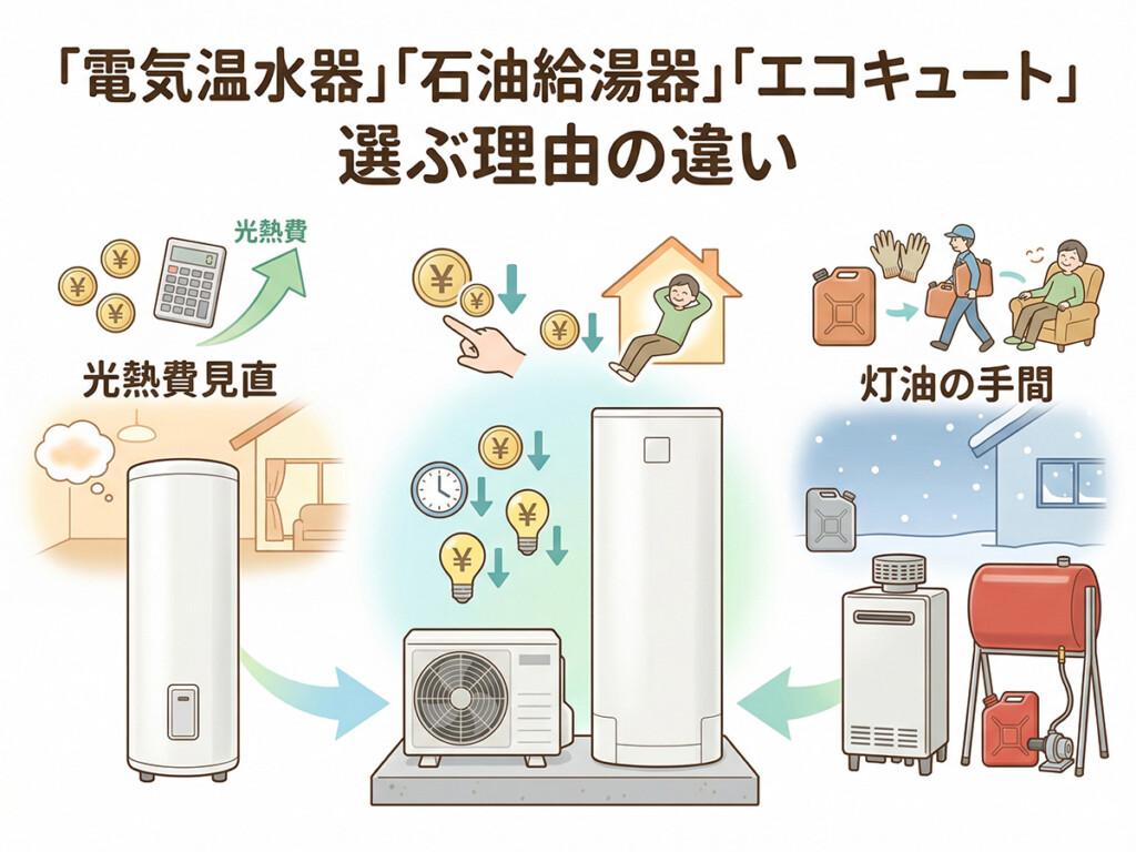 電気温水器と石油給湯器からエコキュートを選ぶ理由の違いを、比較しやすく整理したイラスト